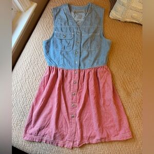 Vintage 90s Light Blue Denim/ Red & White Striped Front Button Dress, Pockets, S